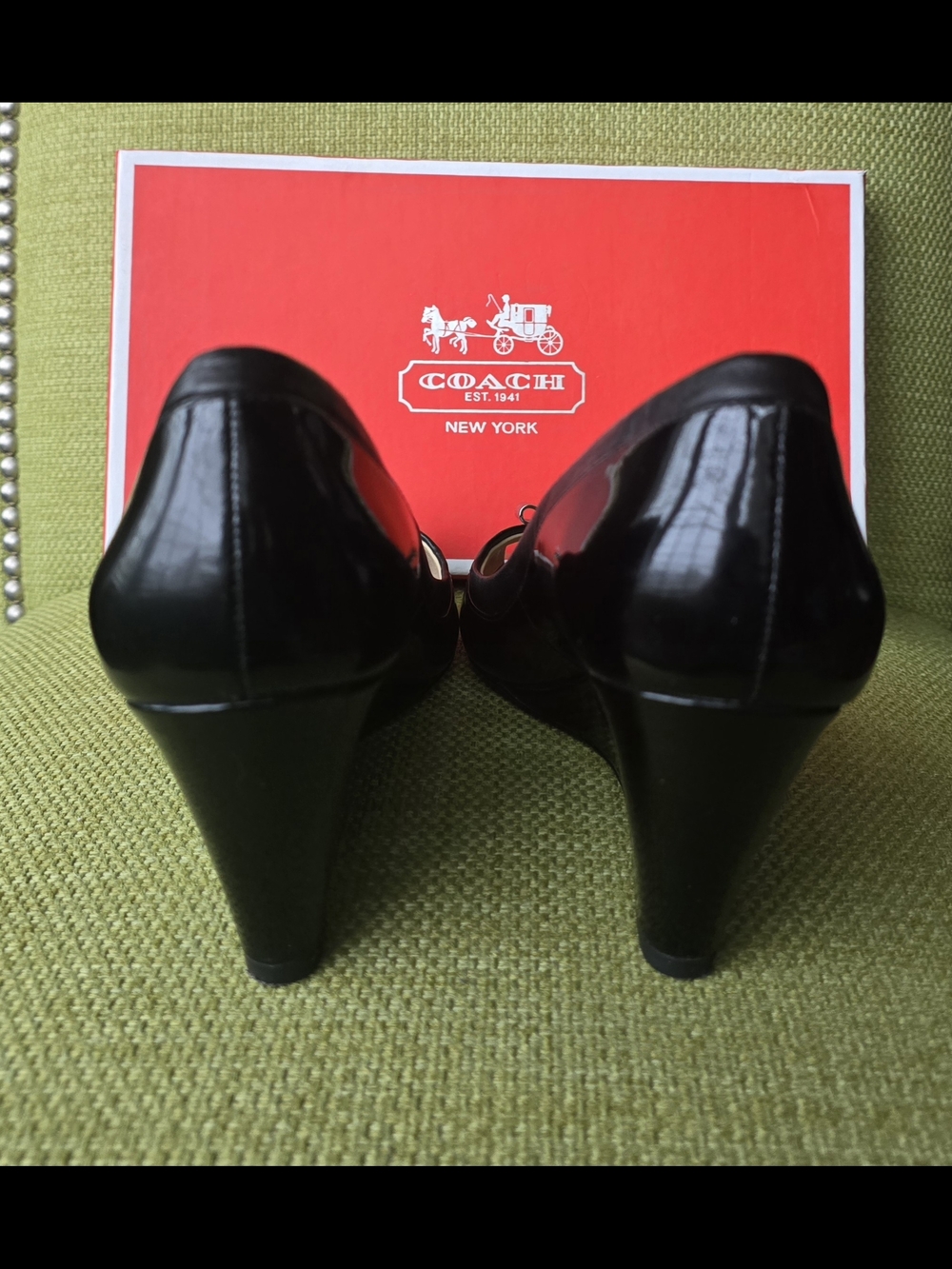 Coach Black Patent Leather Peep-Toe Wedge Pumps with Bow Accent - Picture 5 of 13